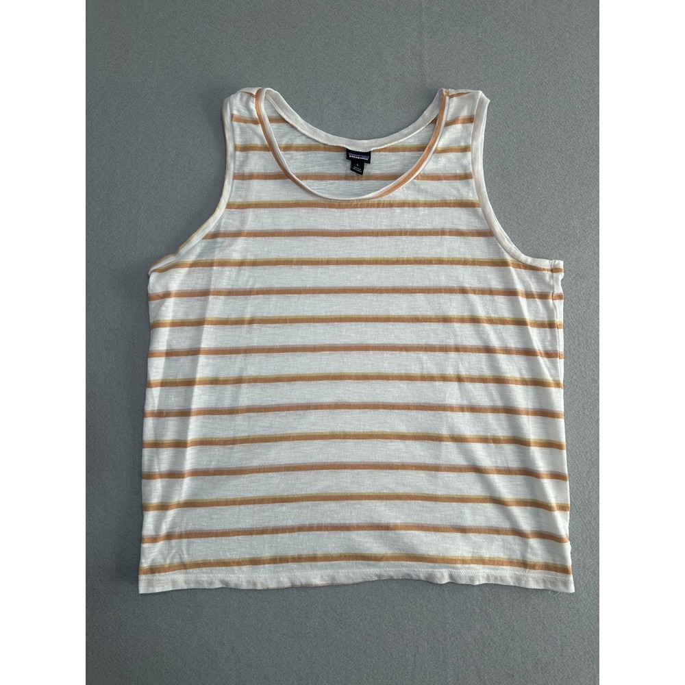 Patagonia Tank Top Womens L White Orange Striped Sleeveless Scoop‎ Neck Slub